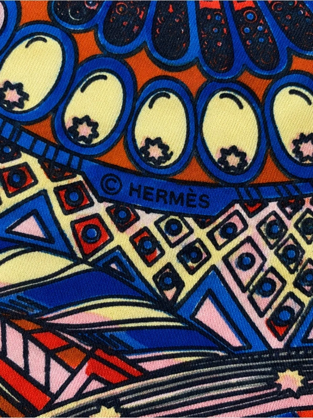 Hermès Annie Faivre Orange Blue Silk Carré Scarf